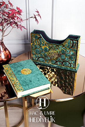 Kadife Kaplı Sandıklı Hediyelik Kuranı Kerim Seti | Lüks Ahşap Kutu, Kuran, Şal ve İnci Tesbih Seti