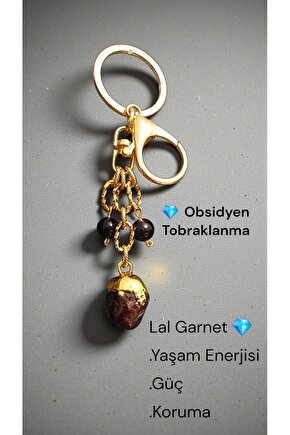 Doğal Taş Lal Garnet Obsidyen Anahtarlık Koruma ve Liderlik Enerjisi Çelik ve Altin Kaplama