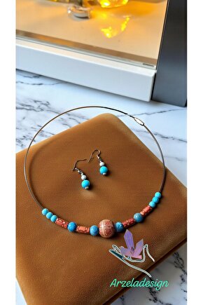 Dogal Taş Apatit Turkuaz Kristali Otantik Desenli Ahşap Boncuk Çelik Kolye