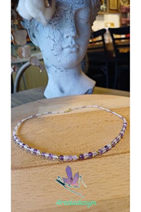 925 Ayar Gümüş Dogal Taş Kolye Ametist ve pembe Kuvar