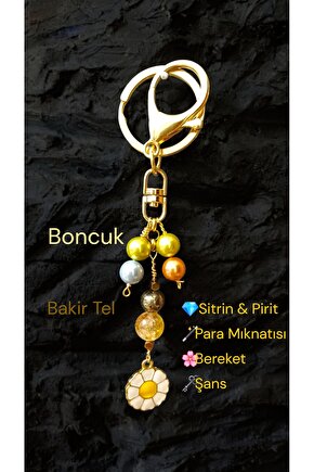 Doğal Taş Anahtarlik Bolluk Berekt ve Koruma Anahtarlığı Sitrin Pirit ve İnci