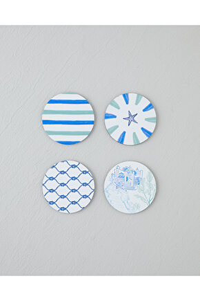 Seafood Ahşap 4lü Bardak Altlığı 10 cm Renkli