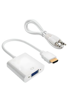 HDMI - VGA Dönüştürücü Adaptör + Ses Çıkışlı (Beyaz Renkli)