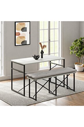 Masa Takımı Bench Bank Minderli Masa Seti 120x60 Mutfak ve Yemek Masası Beyaz 1563
