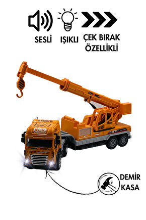 Oyuncak Kutulu İş Makinesi Sesli Işıklı Çek Bırak Metal Vinç, Beton Mikseri, Kamyon, Kepçe 30 Cm