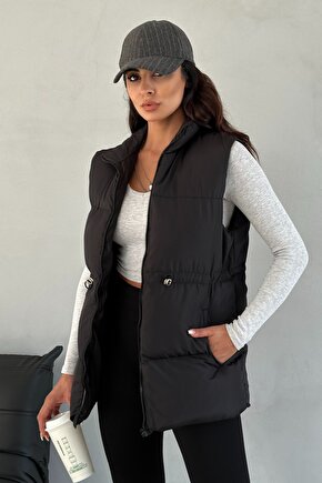 Kadın Siyah Şişme Yelek - Kapüşonsuz Uzun Fermuarlı Cepli Kışlık Spor Şişme Mont Yelek