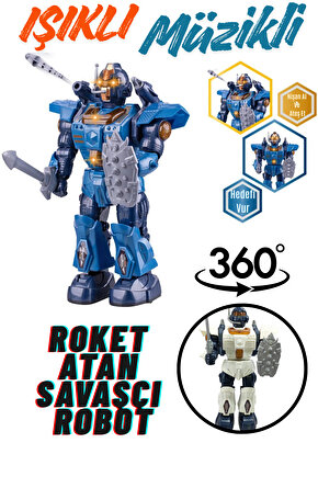 Oyuncak Işıklı ve Müzikli Roket Atan Pilli Savaşçı Robot Kılıç Kalkanlı 360° Dönen Robot Pil Hediye