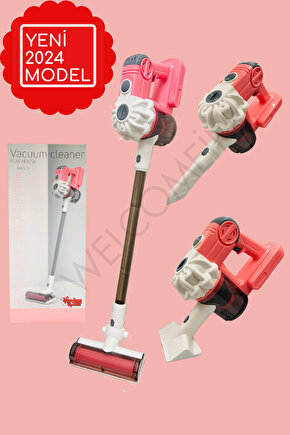 Pembe Kablosuz Model Oyuncak Süpürge Dikey Süpürge Seti 3 Başlıklı Pilli Temizlik Aktivite