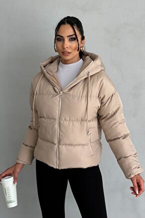 Kadın Kapüşonlu Şişme Mont - Yakası Bağcıklı