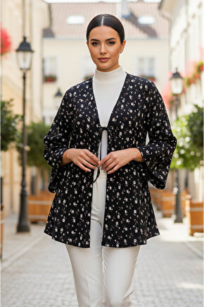 Siyah Çiçekli Önü Bağlamalı Kimono Tunik  Likralı Yazlık Kumaş 85cm Boy