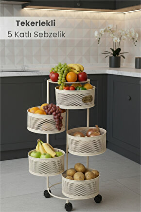 5 Katlı Tekerlekli Tepsili Metal Sebzelik Açılır Patates Soğan Meyvelik Sepeti Raf KREM