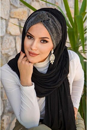 Siyah Gümüş Burgu Hazır Şal
