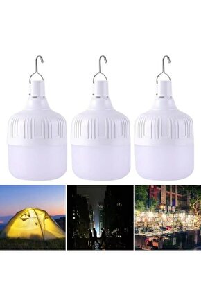 3 Adet Adet USB Şarjlı, 30 Watt, 3 Işık Modlu Beyaz Işık, Kamp, Piknik, Bekçi, Balıkçı, Çadır Ampulü