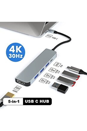 5in1 Macbook Pro Air Type-C USB 3.0 Hub Dönüştürücü Çevirici Çoklayıcı 4K Hdmı PD Şarj+Data Girişli