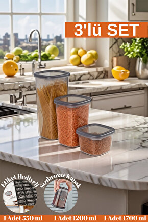 3 Adet 6 Parça 550 ml 1200 ml 1700 ml Sızdırmaz Kapak Etiketli Kare Erzak Bakliyat Saklama Kabı Seti