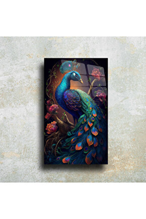 Mavi Tavus Kuşu Cam Tablo Duvar Dekoru