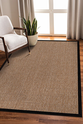 0465-Siyah Kumaş Bordür Sisal Jut Halı Kilim Hav Toz Vermez Kolay Temizlenen Hasır Kilim