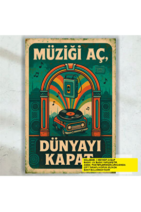 müziği aç dünyayı kapat müzik kurs eğitim evi stüdyo genç odası dekorasyon retro ahşap poster tablo