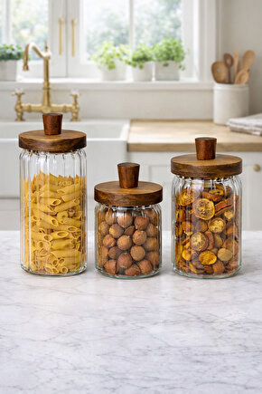 Ahşap Kapaklı 3’lü Cam Kavanoz Seti | 950 ml + 700 ml + 450 ml | Gıda Saklamaya Uygun