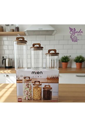3’lü Akasya Kapaklı Cam Kavanoz Seti – Vakumlu  Erzak, Bakliyat & Kahve Saklama