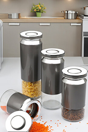 4’lü Cam Saklama Kavanozu Seti – Paslanmaz Çelik Kapaklı, Gri Tasarımlı Hava Geçirmez Erzak Kavanozu