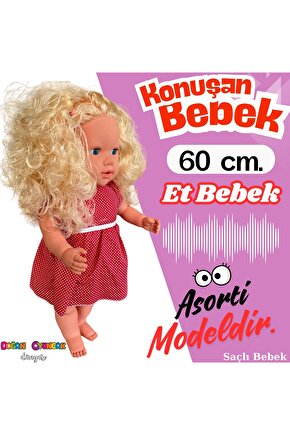 Oynar Gözlü Türkçe Konuşan Nazlı Saçlı Et Bebek 60 Cm. - Konuşabilen Bebek - Saçlı Büyük Bebek