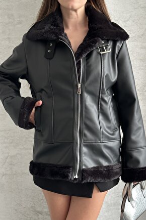 Kadın Siyah İçi İpek Kürklü Oversize Suni Deri Mont - Biker Shearling Ceket
