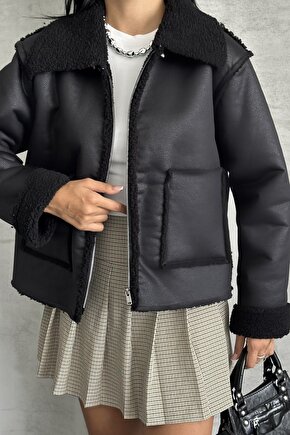 Kadın Suni Deri Mont – İçi Peluş Astarlı, Kışlık, Çift Cepli, Siyah Biker Oversize Ceket