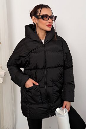Kadın Kapüşonlu Oversize Siyah Şişme Mont - Puffer Yarasa Kol Kışlık Kaban