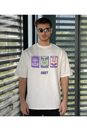 Unisex Bisiklet Yaka Baskılı Oversize T-Shirt - Beyaz