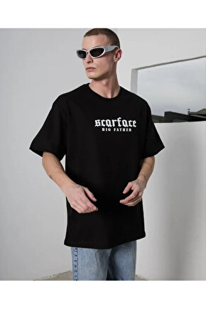 Unisex Bisiklet Yaka Baskılı Oversize T-Shirt - Siyah