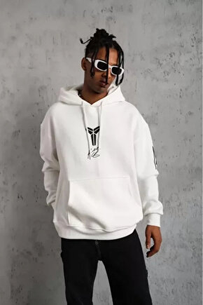 EQURİ Unisex Sırt Baskılı Kapüşonlu Üç İplik Oversize Sweatshirt - Beyaz