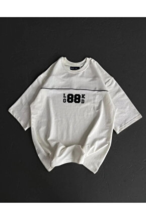 Unisex Bisiklet Yaka Baskılı Oversize T-Shirt - Beyaz