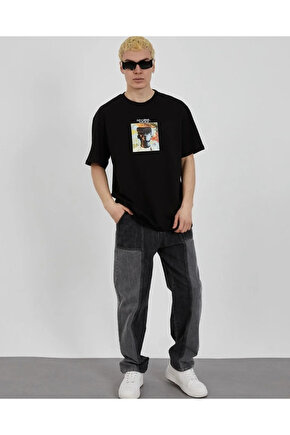 Unisex Bisiklet Yaka Baskılı Oversize T-Shirt - Siyah