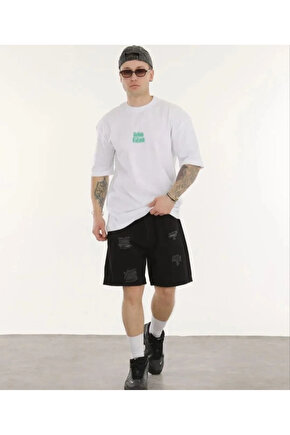 Unisex Bisiklet Yaka Baskılı Oversize T-Shirt - Beyaz