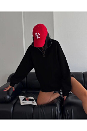 Kadın Yarım Fermuarlı Üç İplik Sweatshirt - Siyah
