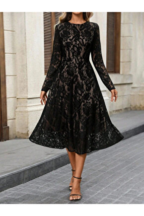 Kadın Uzun Kollu Bisiklet Yaka Dantelli Astarlı Midi Elbise