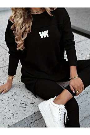 Kadın Uzun Kollu Bisiklet Yaka Nervurlu Viskon Iki Iplik Ve Tayt Pantolon Ikili Takım