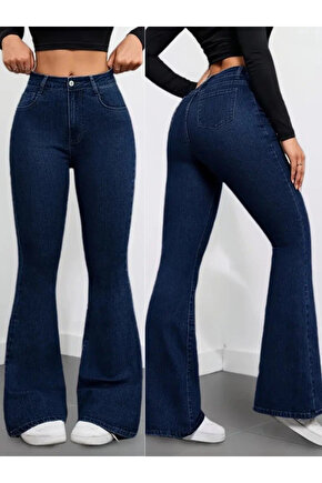 Kadın Yüksek Bel Cepli İspanyol Paçalı Kot Pantolon