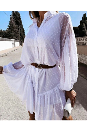 Kadın Uzun Kollu Puantiye Detay Gömlek Elbise