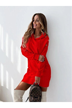 Kadın Uzun Kollu Kapüşon Detay Mini Elbise