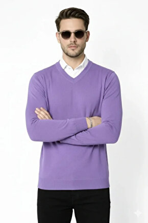 Erkek V Yaka Triko Kazak Yumuşak Dokulu Pamuklu Ince Dokuma, Uzun Kollu Rahat Regular Kalıp - Mor