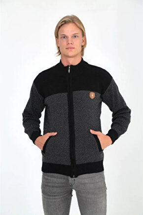 Erkek Fermuarlı Triko Hırka Yüksek Yaka, Cepli, Günlük Şık Rahat Kalıp Triko - Siyah