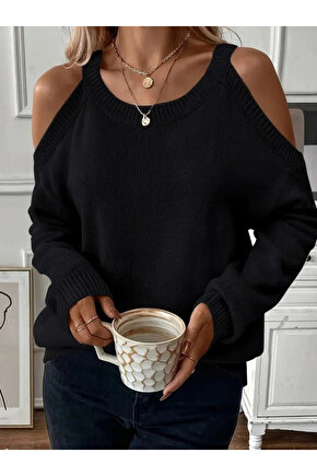 Kadın Uzun Kollu Omuzlardan Açık Askılı Triko Bluz