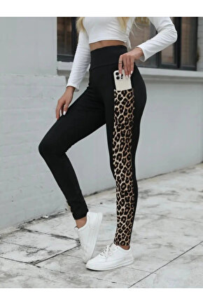 Kadın Yüksek Bel Cep Detaylı Leopar Desenli Dalgıç Tayt