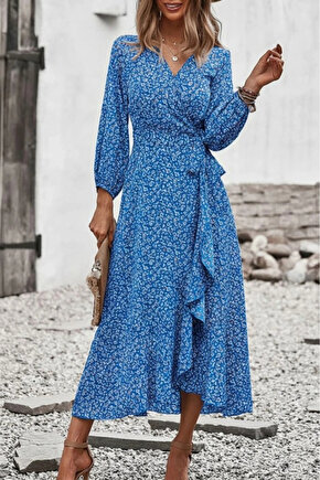 Kadın Uzun Kollu Kruvaze Yaka Yandan Bağlamalı önden Fırfır Detaylı Süprem Uzun Elbise