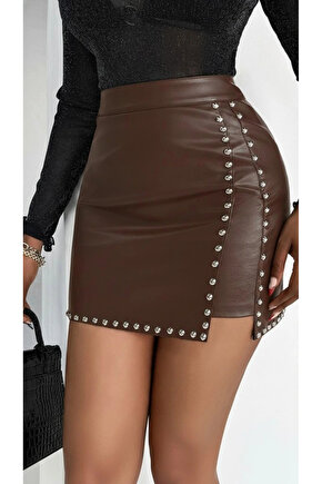 Kadın Yüksek Belli Yandan çivili Mini Deri Etek