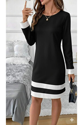 Kadın Uzun Kollu Yuvarlak Yaka Etek Ucu şerit Detaylı Mini Siyah Beyaz Dalgıç Elbise