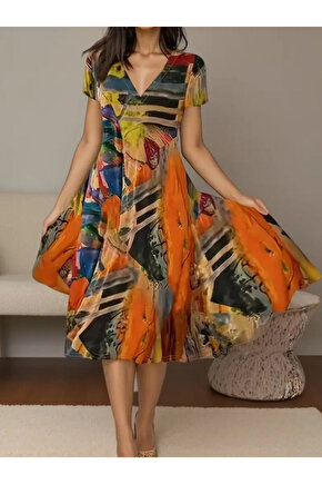 Kadın Kısa Kollu V Yaka Renkli Karışık Desen Kloş Süprem Midi Elbise