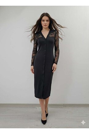 Kadın Uzun Kollu Transparan Detay Midi Boy Elbise